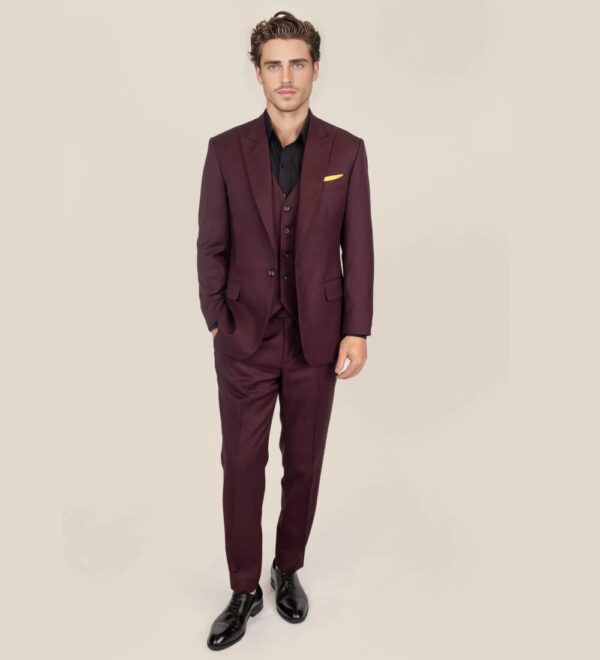 mulberry red three piece suit