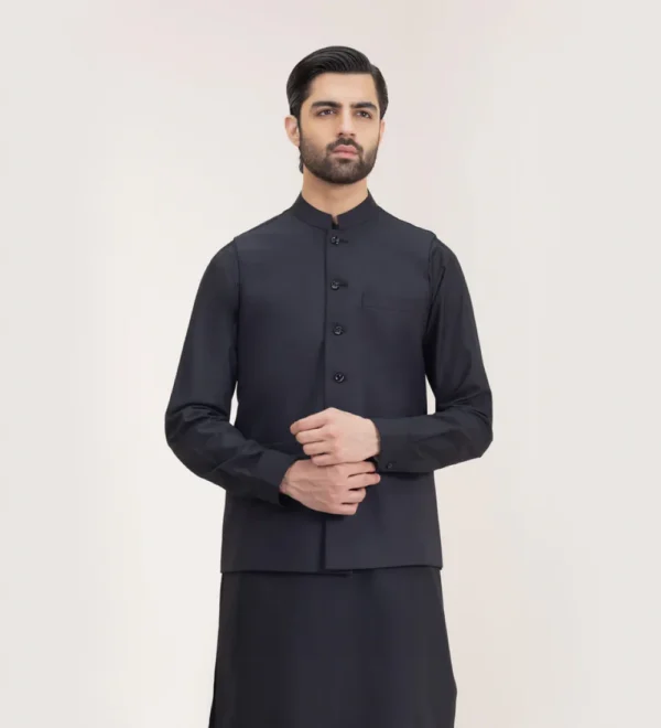 onyx black slim fit waist coat
